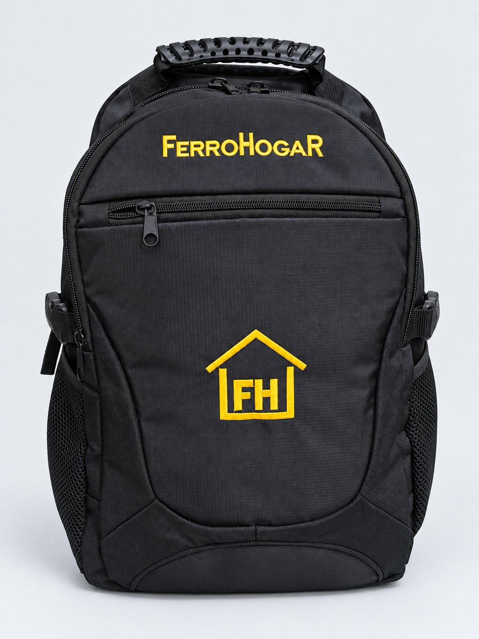 Mochila corporativa con ajustes laterales — vista frontal