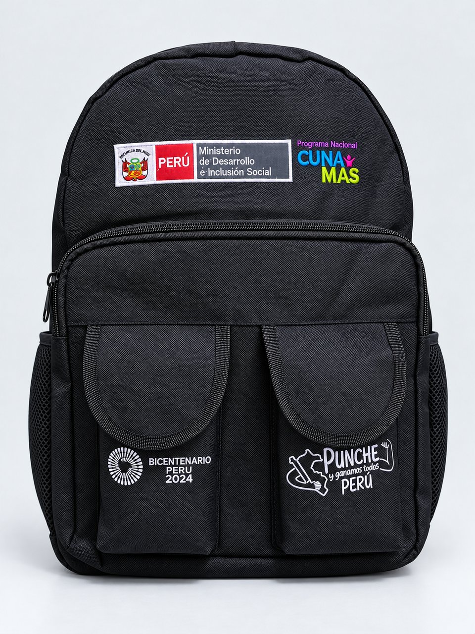 Mochila institucional con bolsillos frontales — vista frontal